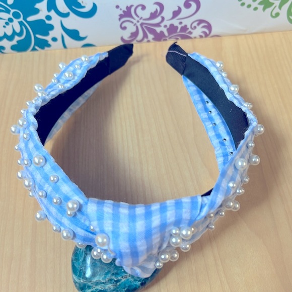 Blue Gingham & Pearls Headband *NEW* - Picture 4 of 8